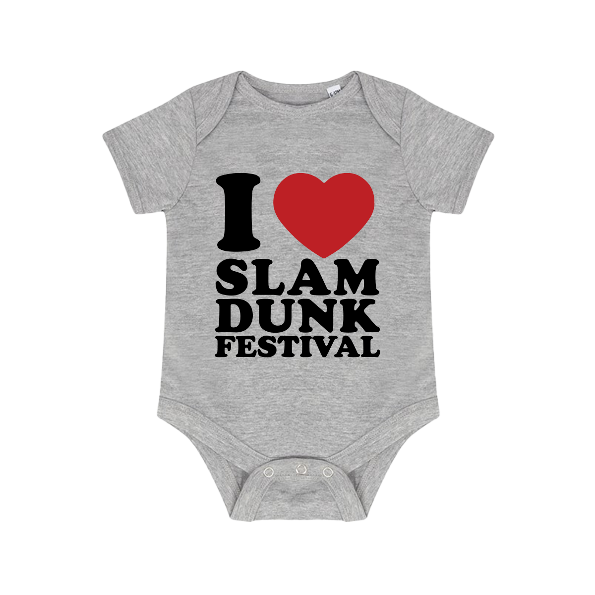 Gray baby onesie with I Love Slam Dunk Festival graphic for Slam Dunk Babygrow
