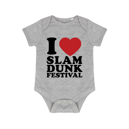 Gray baby onesie with I Love Slam Dunk Festival graphic for Slam Dunk Babygrow