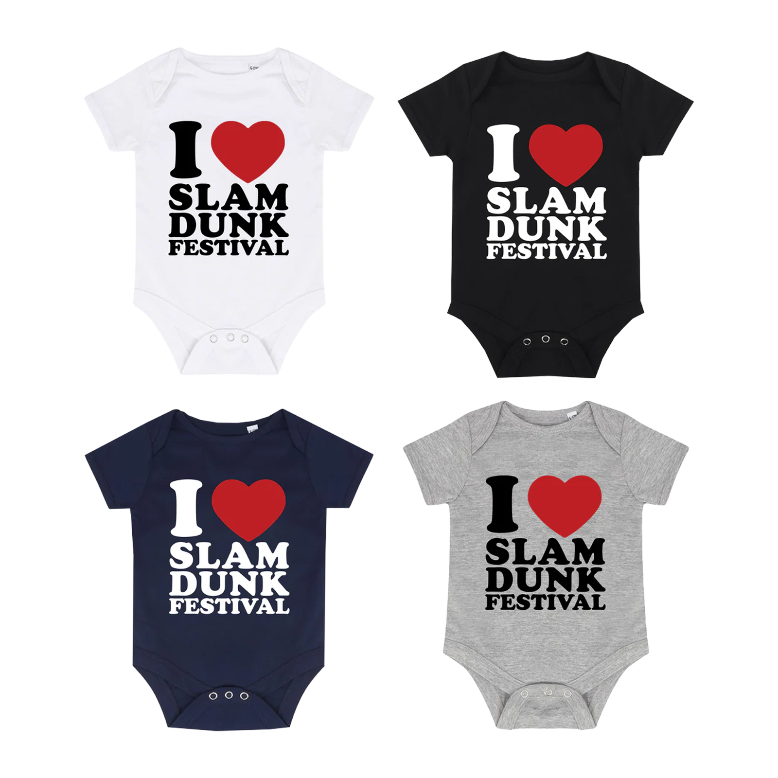 Four baby onesies featuring I Heart Slam Dunk Festival design in Love Slam Dunk Babygrow collection