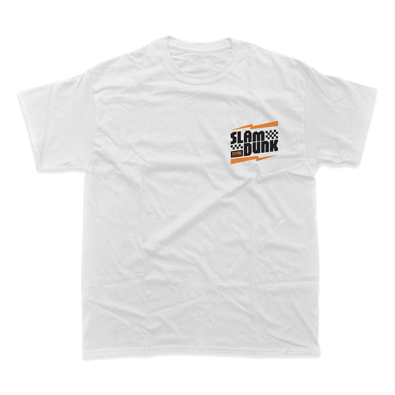 White cotton kickstart t-shirt with bold slam dunk festival graphic in black orange and checkered flag accents