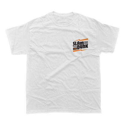 White cotton kickstart t-shirt with bold slam dunk festival graphic in black orange and checkered flag accents
