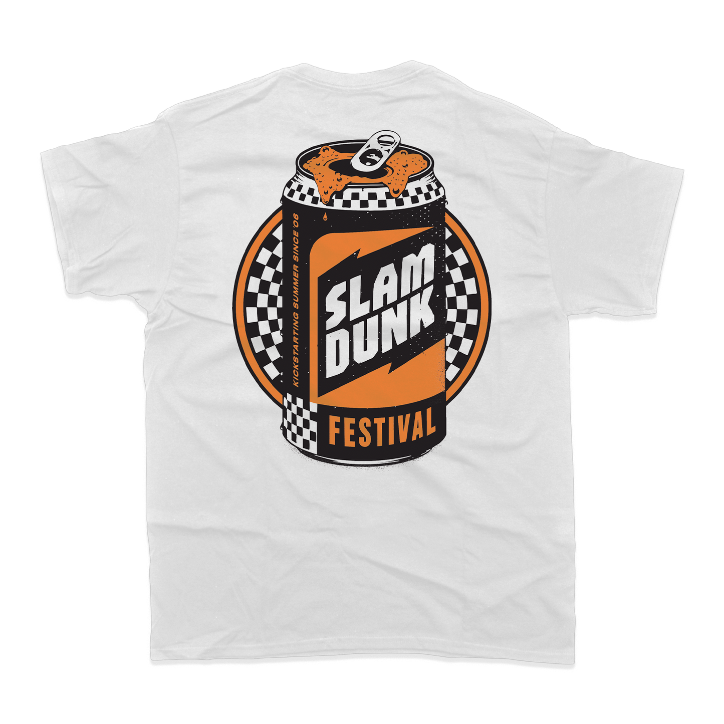 White kickstart t-shirt featuring a bold orange and black slam dunk festival soda can graphic on the front
