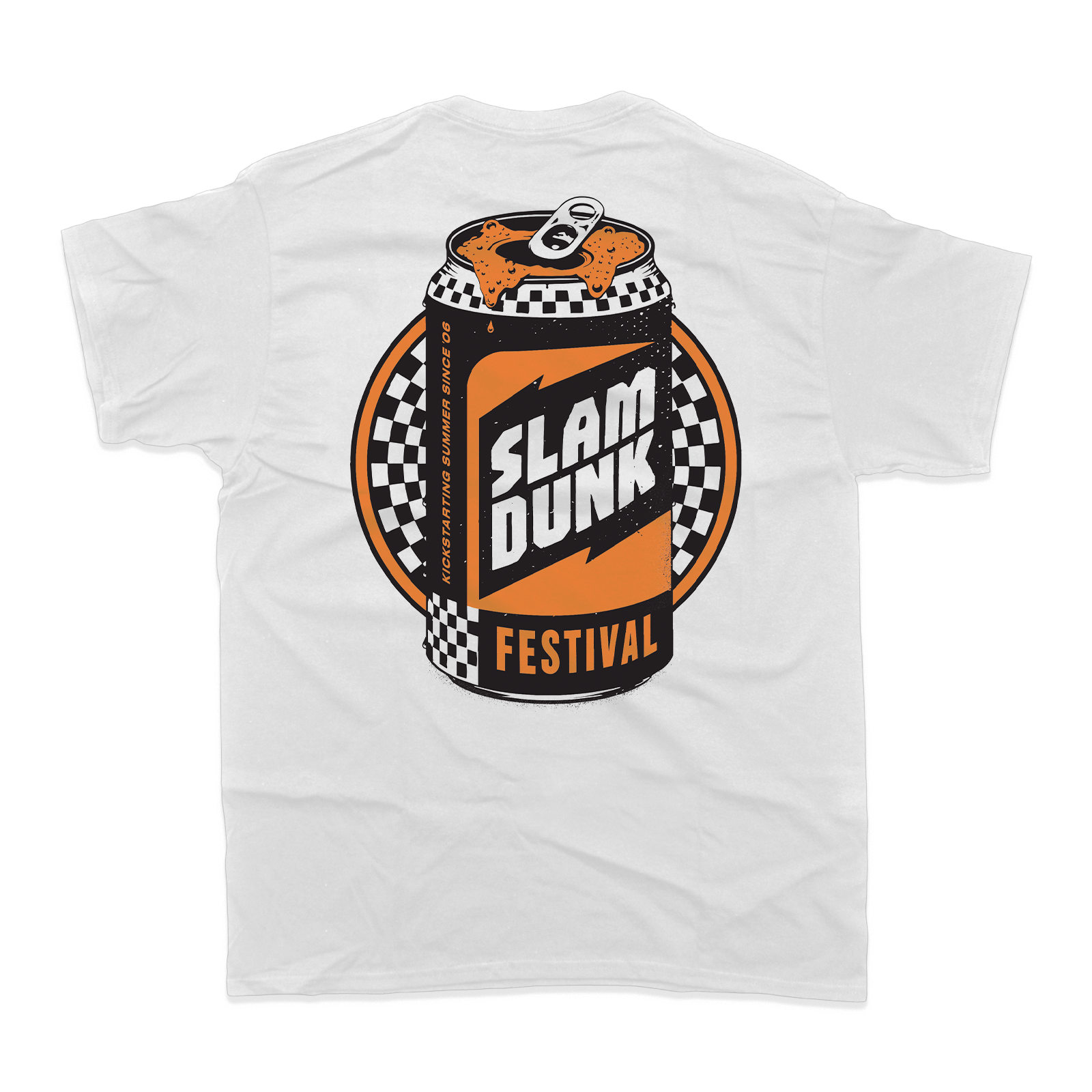 White kickstart t-shirt featuring a bold orange and black slam dunk festival soda can graphic on the front