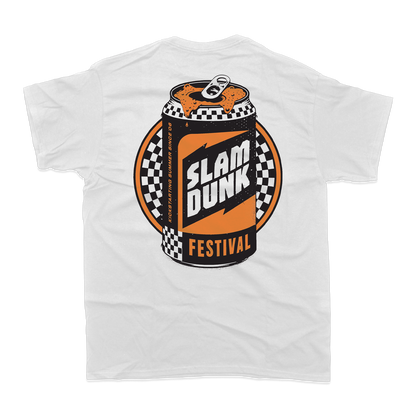 White kickstart t-shirt featuring a bold orange and black slam dunk festival soda can graphic on the front