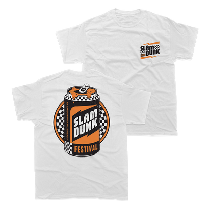 White cotton kickstart t-shirt featuring bold orange and black slam dunk festival soda can graphic with checkered flag accents