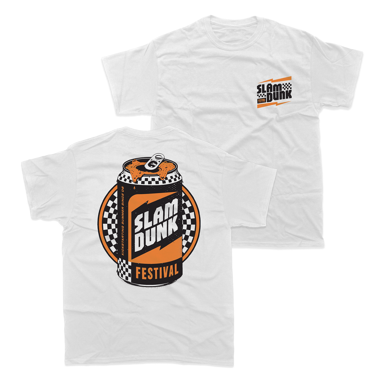 White small kickstart t-shirt featuring bold orange and black slam dunk festival soda can graphic with checkered flags