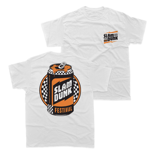 White small kickstart t-shirt featuring bold orange and black slam dunk festival soda can graphic with checkered flags
