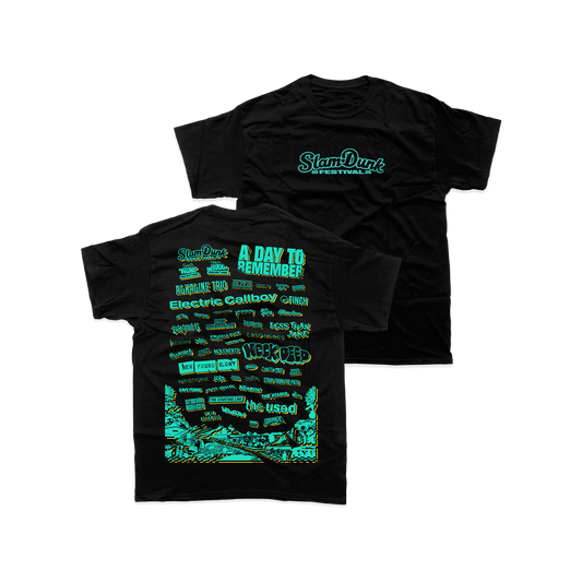 Black event t-shirt with band names for Kids 2025 Event T-Shirt collection