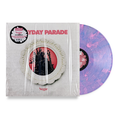 Limited edition mayday parade sugar vinyl record in pink swirl with decorative white frame cover and signed insert