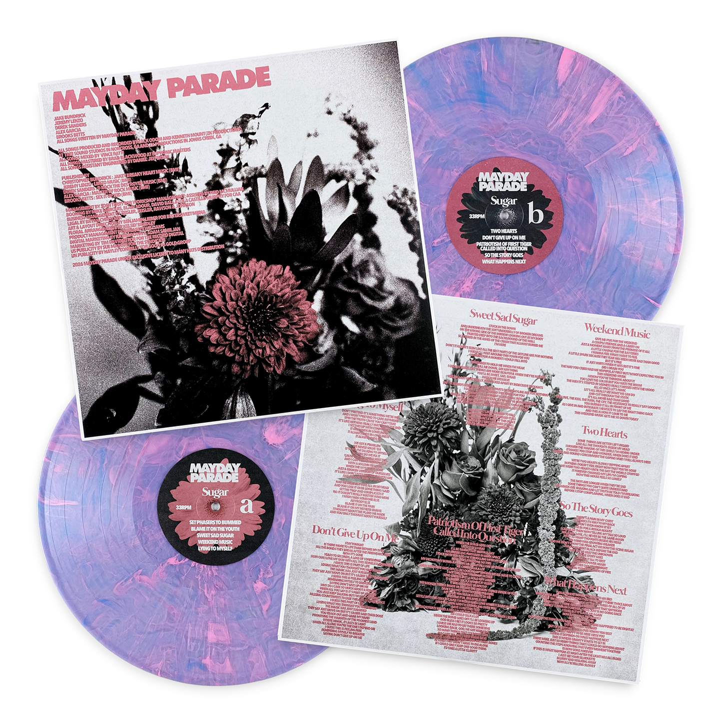 Mayday parade sugar exclusive double vinyl record set with translucent purple and pink marbled discs and floral sleeves