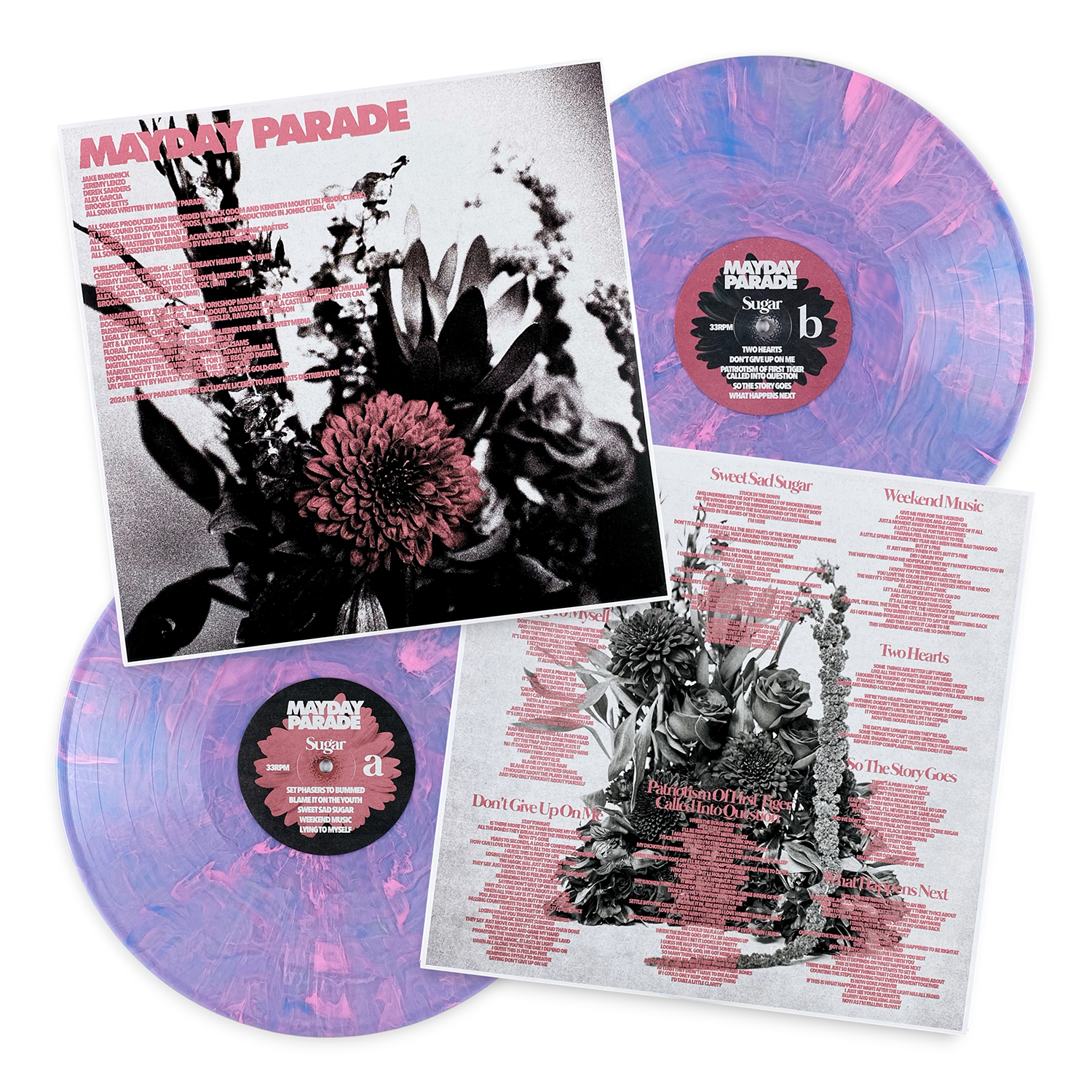 Mayday parade sugar exclusive double vinyl record set with translucent purple and pink marbled discs and floral sleeves