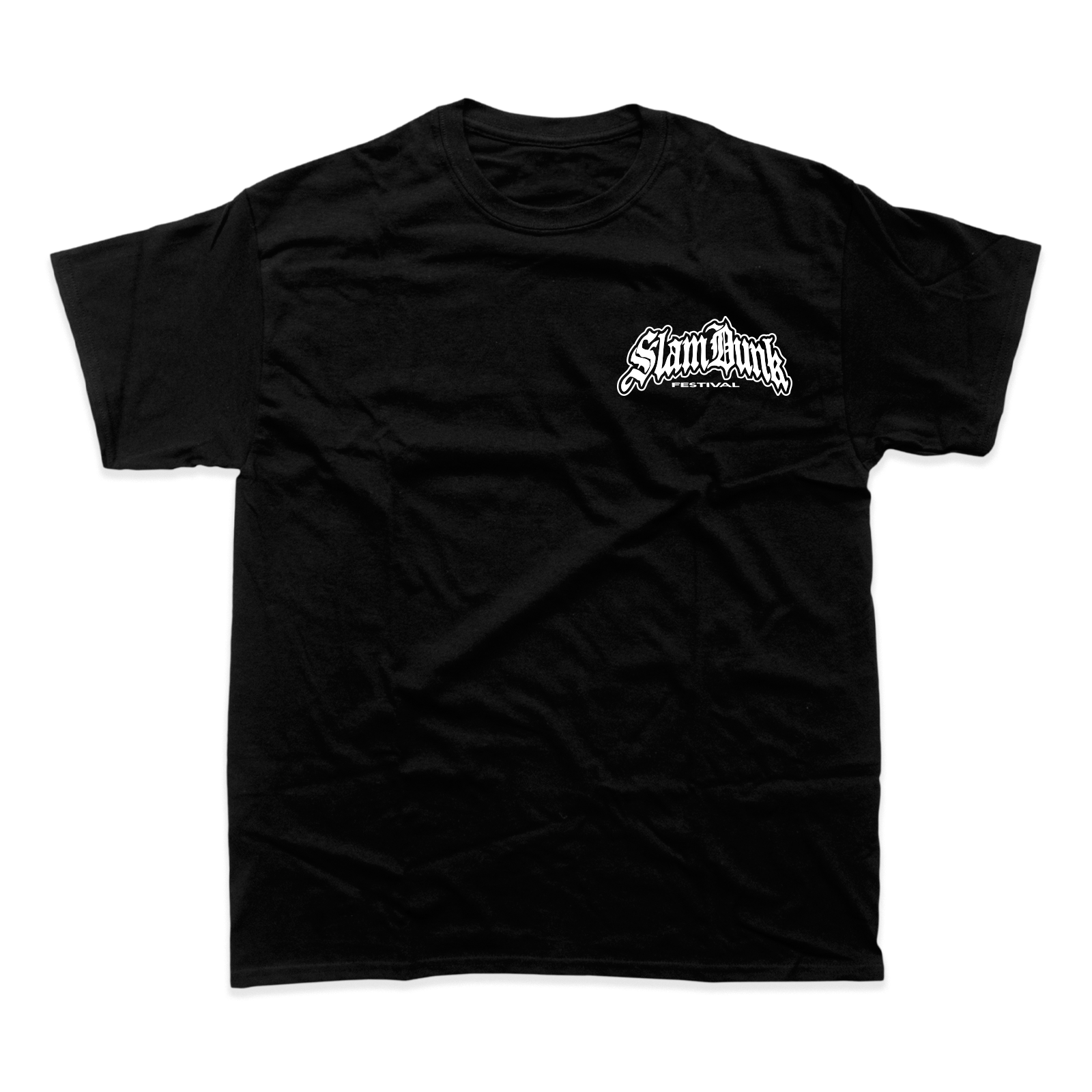 Black short-sleeved metal logo t-shirt with white slam dunk festival print perfect as a horse t-shirt