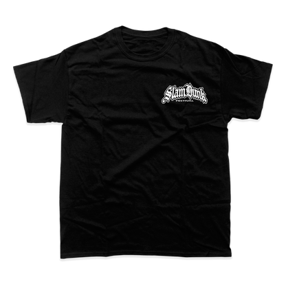 Black short-sleeved metal logo t-shirt with white slam dunk festival print perfect as a horse t-shirt