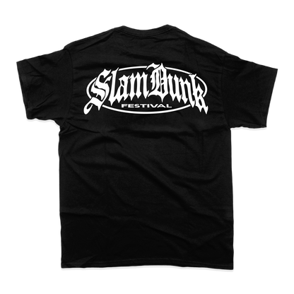 Black short-sleeved metal logo t-shirt with white slam dunk festival gothic graphic perfect horse t-shirt option