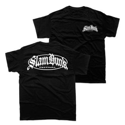 Black metal logo t-shirt featuring bold white gothic lettering on the back and a smaller front logo with unisex fit