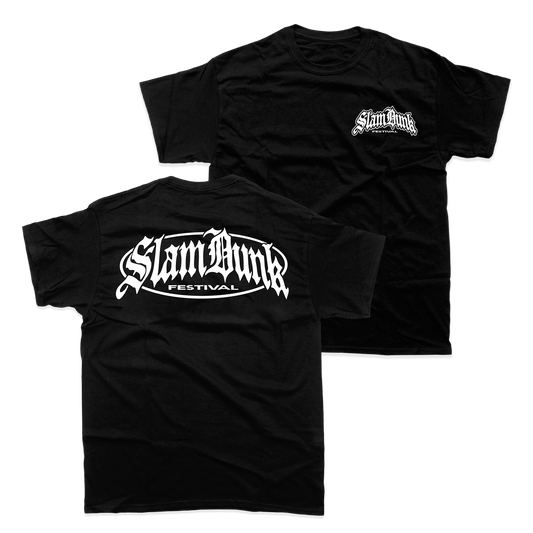 Black metal logo t-shirt featuring bold white gothic lettering on the back and a smaller front logo with unisex fit