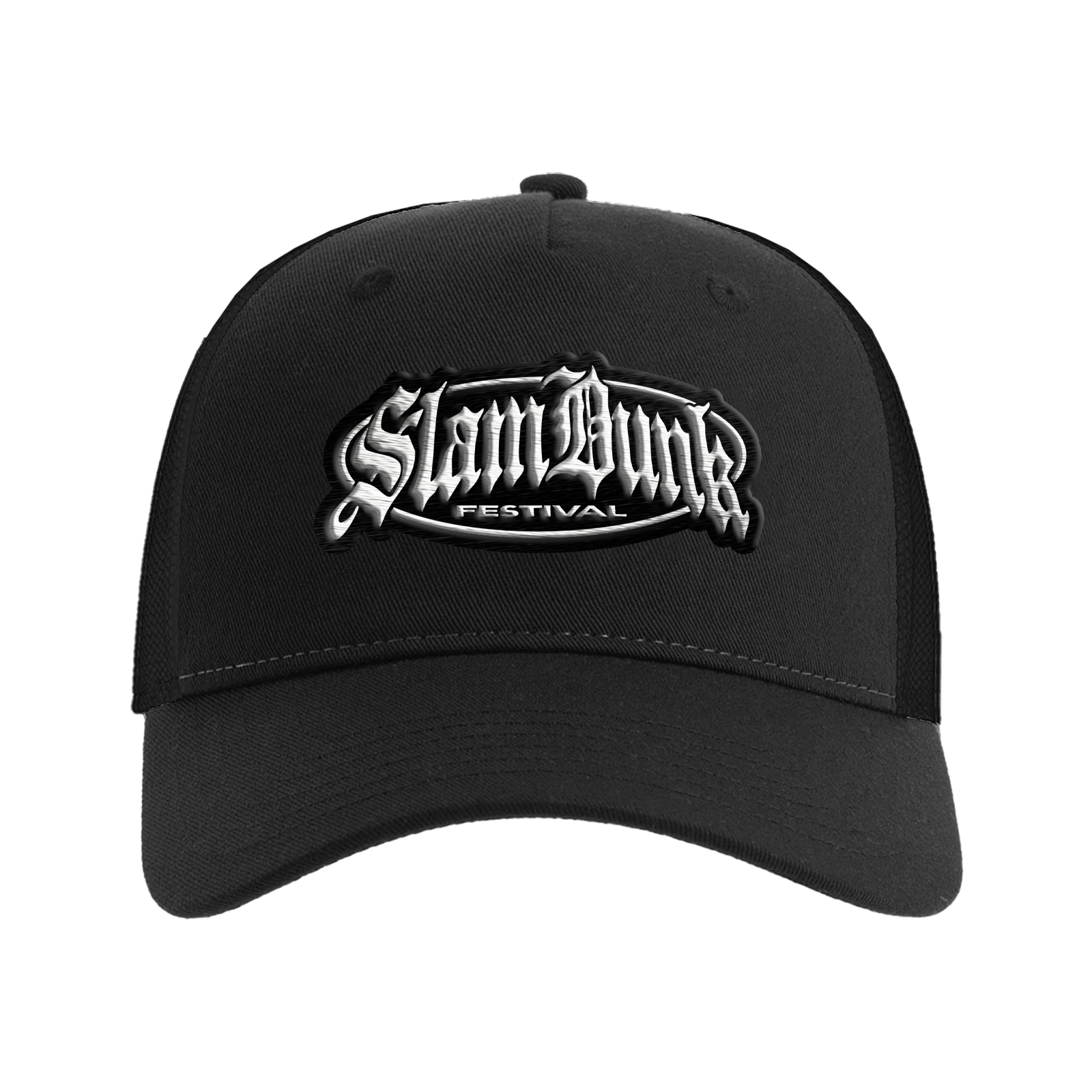 Black metal logo trucker cap featuring a white and silver embroidered slam dunk festival logo in stylized lettering