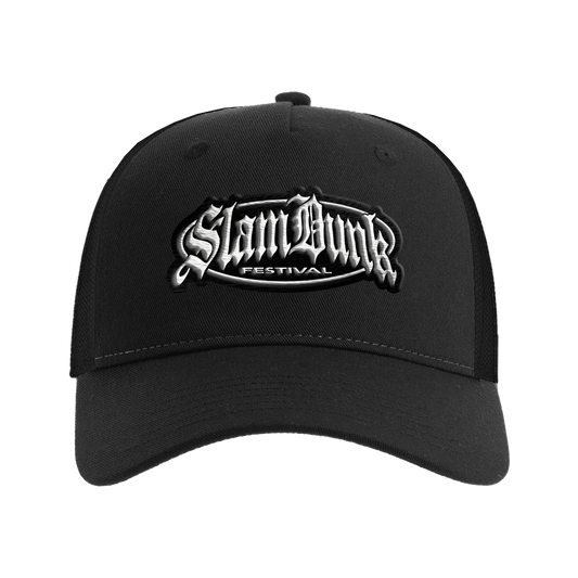 Black metal logo trucker cap featuring white and silver embroidered slam dunk festival logo in stylized lettering