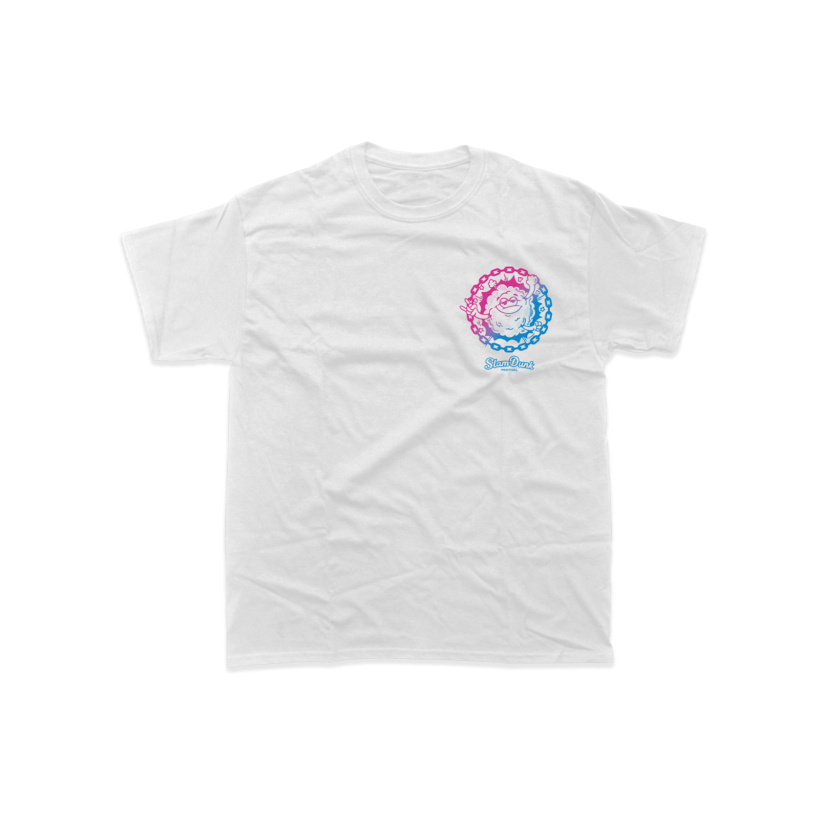 White cotton moshy kids t-shirt featuring a colorful circular graphic with pink and blue gradients and a cartoon character