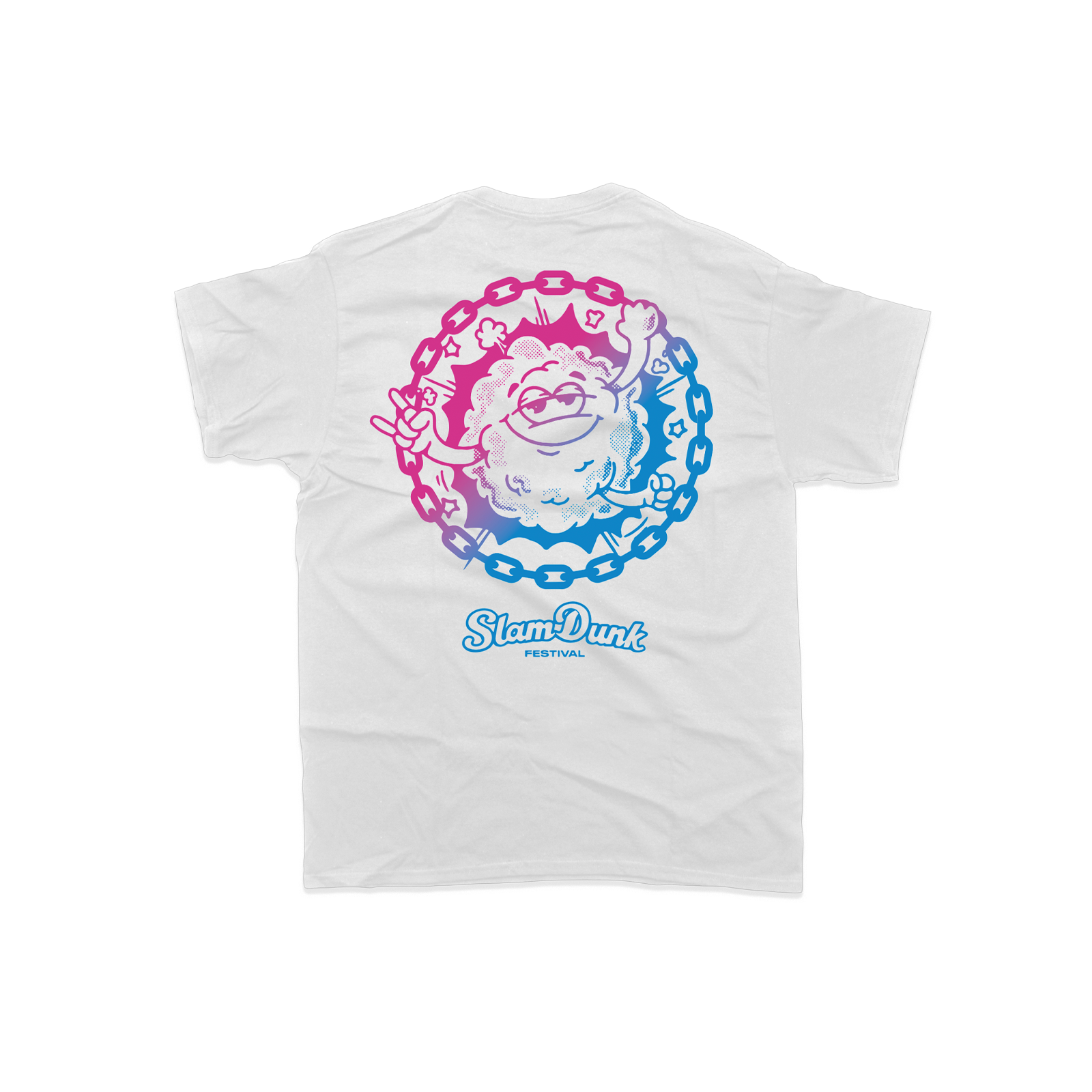 White moshy kids t-shirt featuring a vibrant pink and blue cartoon graphic encircled by chains and slam dunk festival text