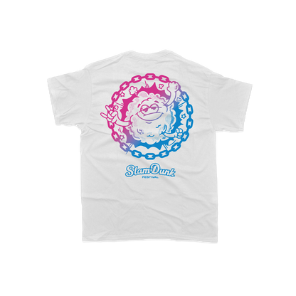 White moshy kids t-shirt featuring a vibrant pink and blue cartoon graphic encircled by chains and slam dunk festival text