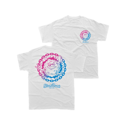 White cotton moshy kids t-shirt with vibrant pink and blue cartoon gradient and slam-dunk festival print