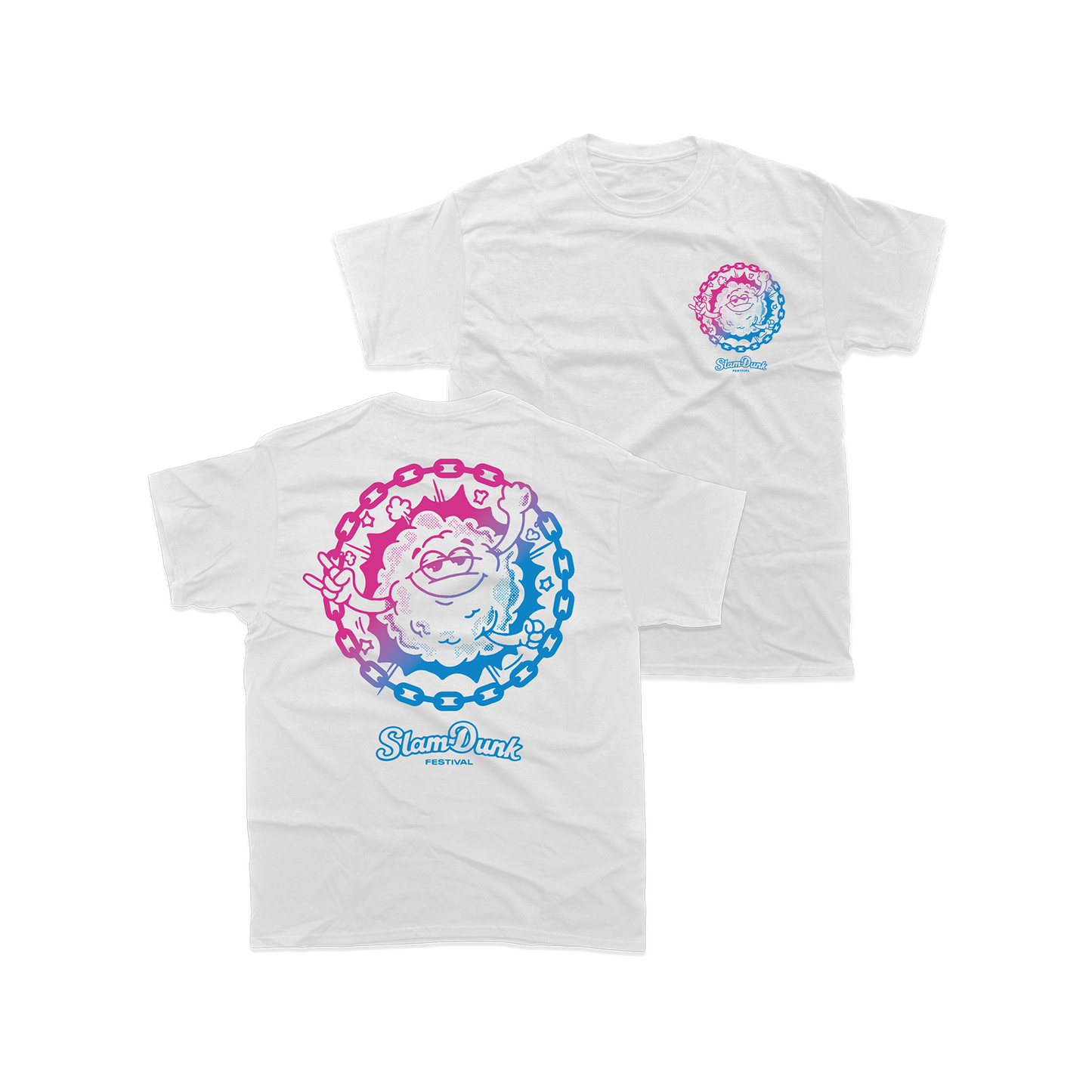 White cotton moshy kids t-shirt with vibrant pink and blue cartoon graphic and slam dunk festival print