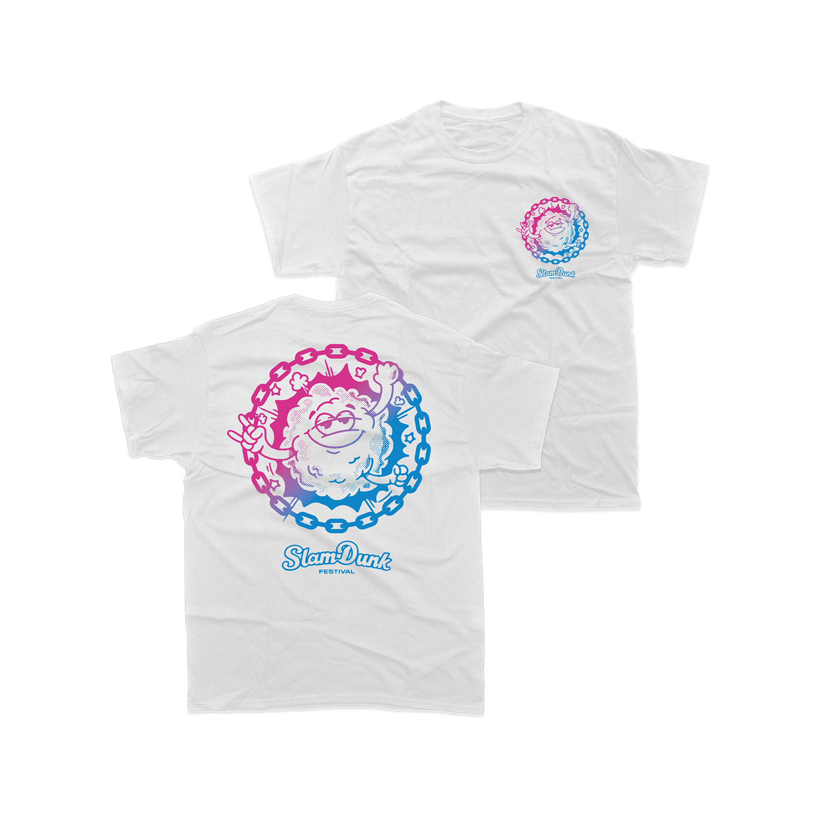 White cotton moshy kids t-shirt with vibrant pink and blue cartoon graphic and slam dunk festival print