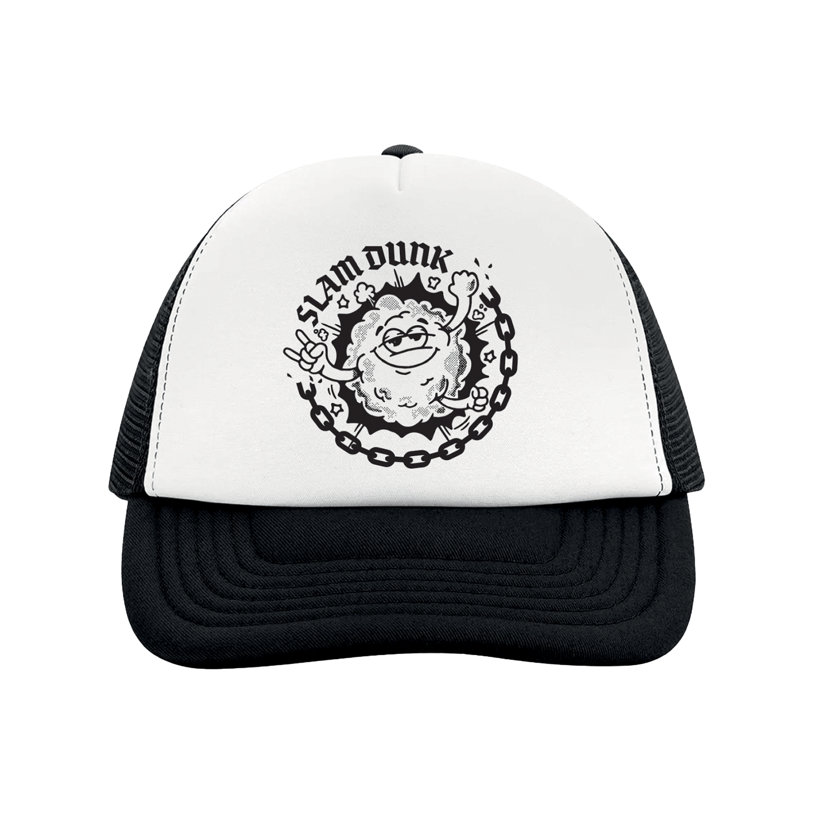 Moshy Kids trucker cap black-white with white and black mesh and bold slam dunk cartoon graphic