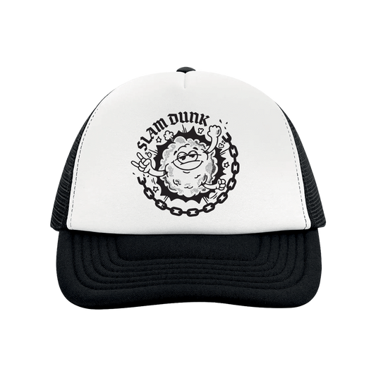 Moshy Kids trucker cap black-white with white and black mesh and bold slam dunk cartoon graphic