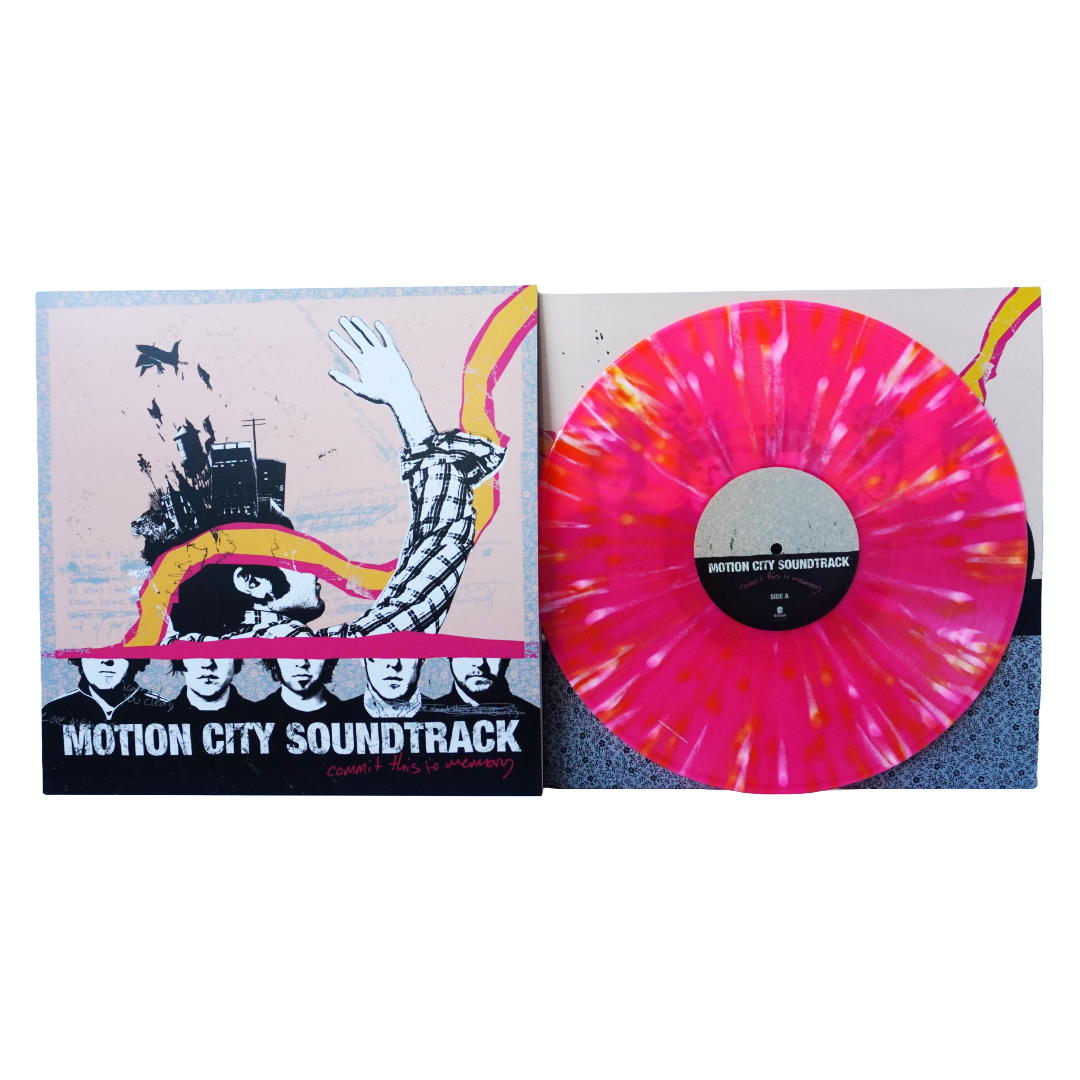 Motion city soundtrack commit this to memory lp vinyl record with vibrant pink orange splatter and black center label