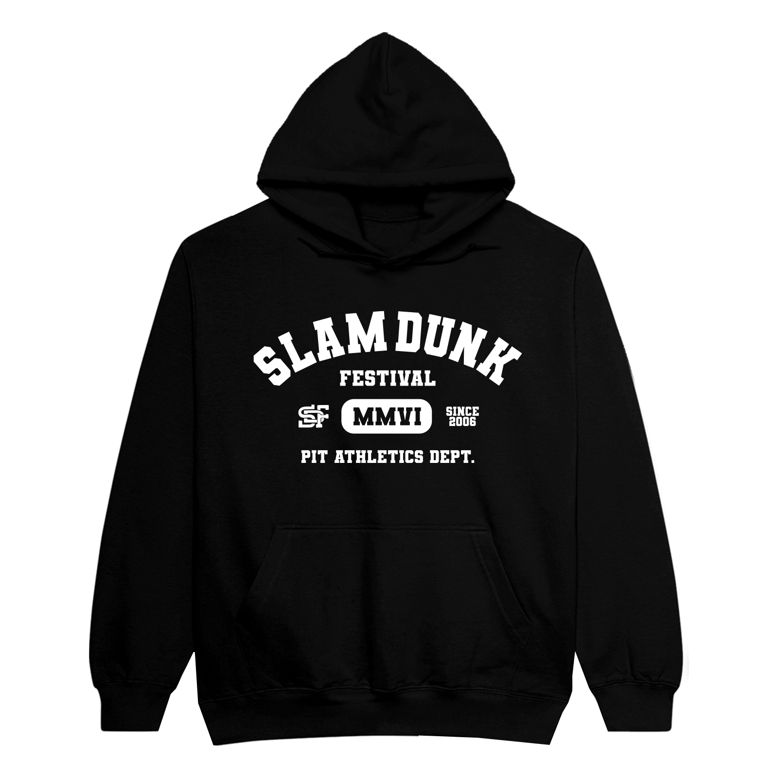 Black varsity hoodie with Slam Dunk Festival white text and graphics