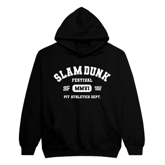 Black varsity hoodie with Slam Dunk Festival white text and graphics