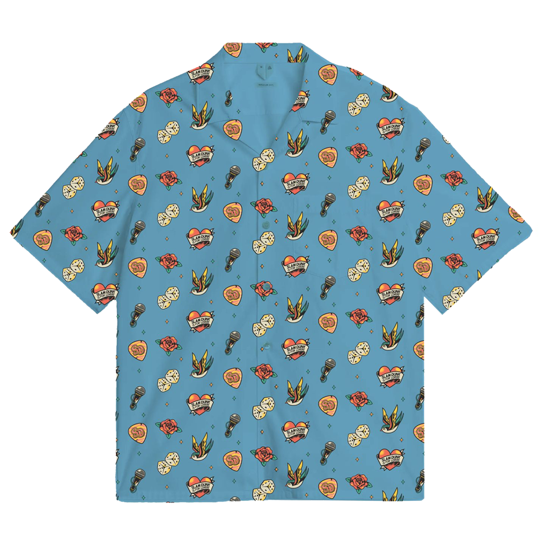 Blue Hawaiian shirt featuring tropical fruits and plants pattern, perfect for summer style