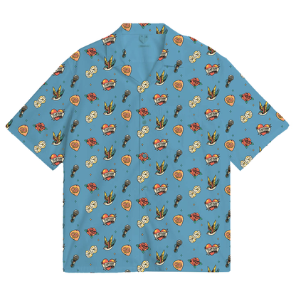 Blue Hawaiian shirt featuring tropical fruits and plants pattern, perfect for summer style