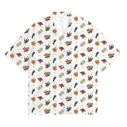 Short-sleeved white SD Icon Hawaiian Shirt featuring a colorful tattoo-inspired pattern
