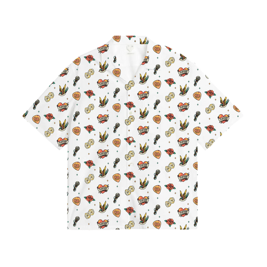 Short-sleeved SD Icon Hawaiian Shirt in white with colorful food pattern print