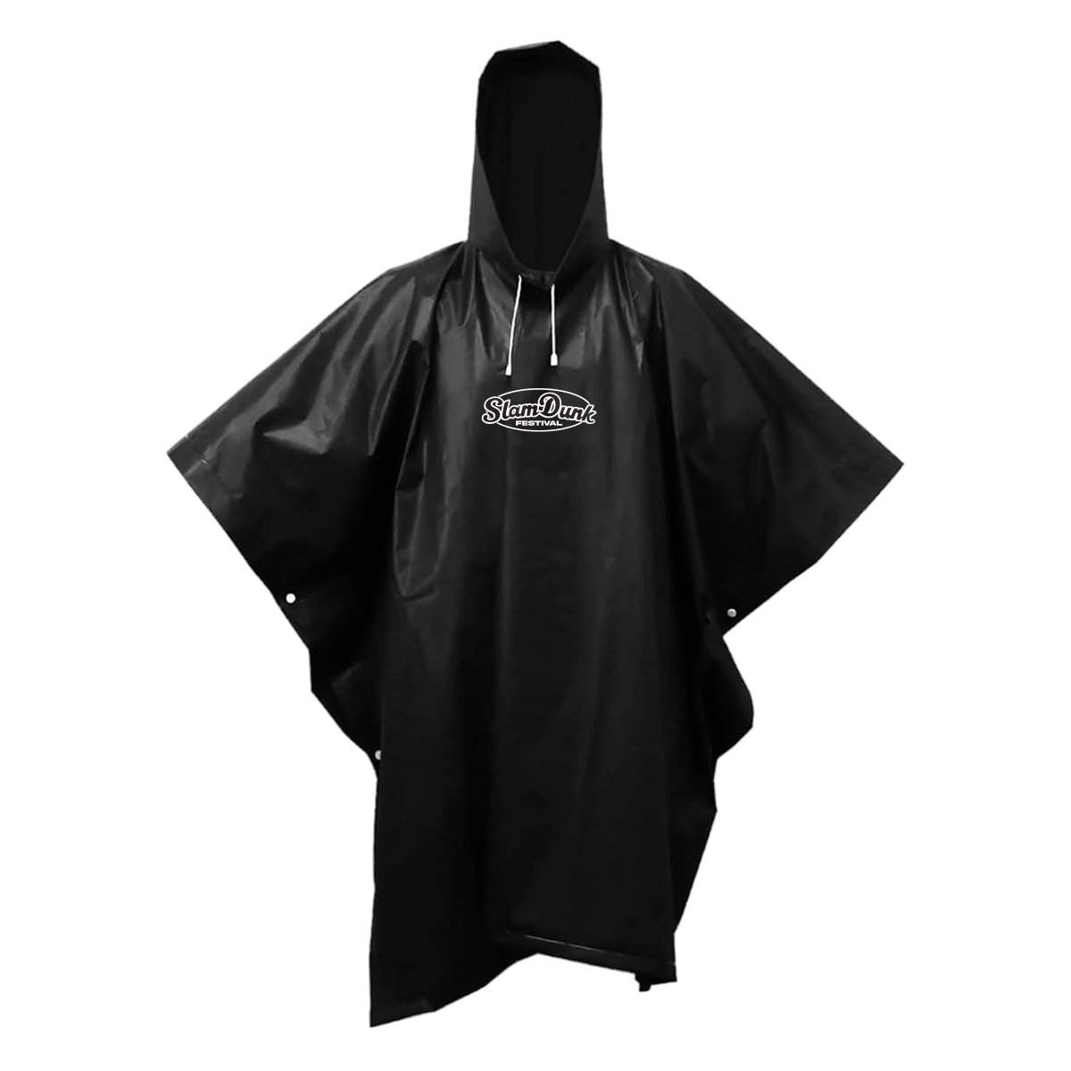 Black plastic sdf festival poncho with white drawstring hood and slam dunk logo on the chest