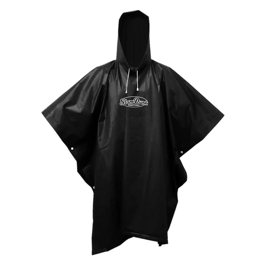 Black plastic sdf festival poncho with white drawstring hood and slam dunk logo on the chest