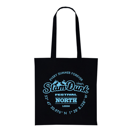 Black canvas sdf north tote bag with glowing light blue slamdunk festival north logo and mountain coordinates