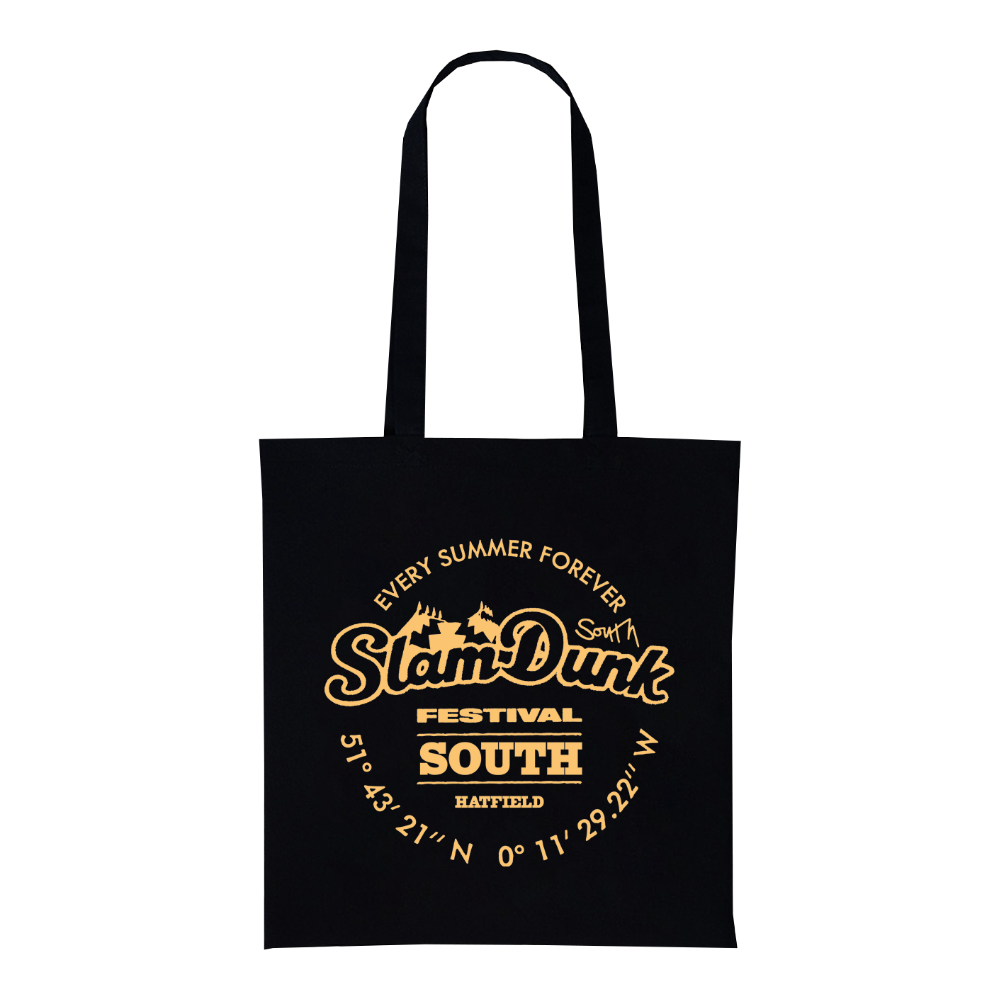 Black canvas south tote tote featuring gold foil slam dunk festival south logo and every summer forever print