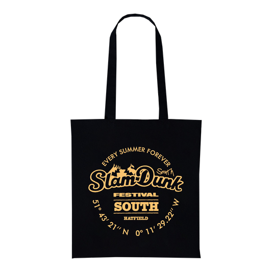 Black canvas south tote tote featuring gold foil slam dunk festival south logo and every summer forever print