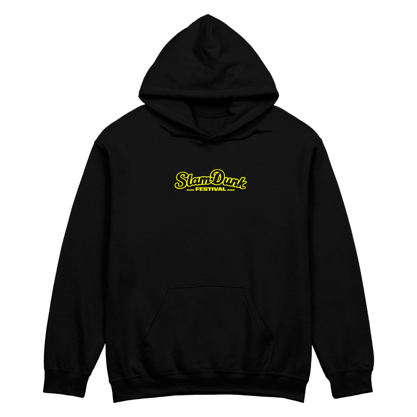 Black sdf26 lineup hoodie featuring a glowing yellow slam dunk festival logo on the chest