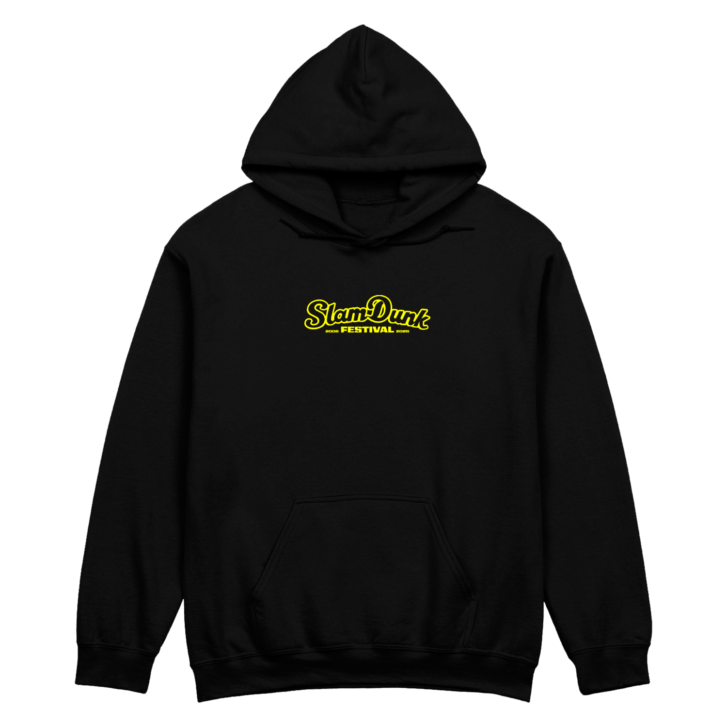 Black sdf26 lineup hoodie featuring a glowing yellow slam dunk festival logo on the chest