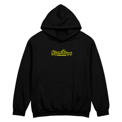 Black sdf26 lineup hoodie featuring a glowing yellow slam dunk festival logo on the chest