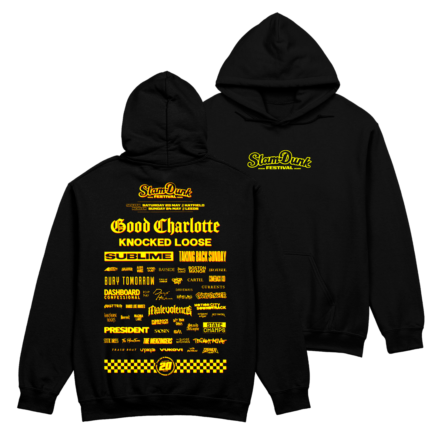 Black hoodie featuring a vibrant yellow sdf26 lineup graphic with band names and event details on the back side