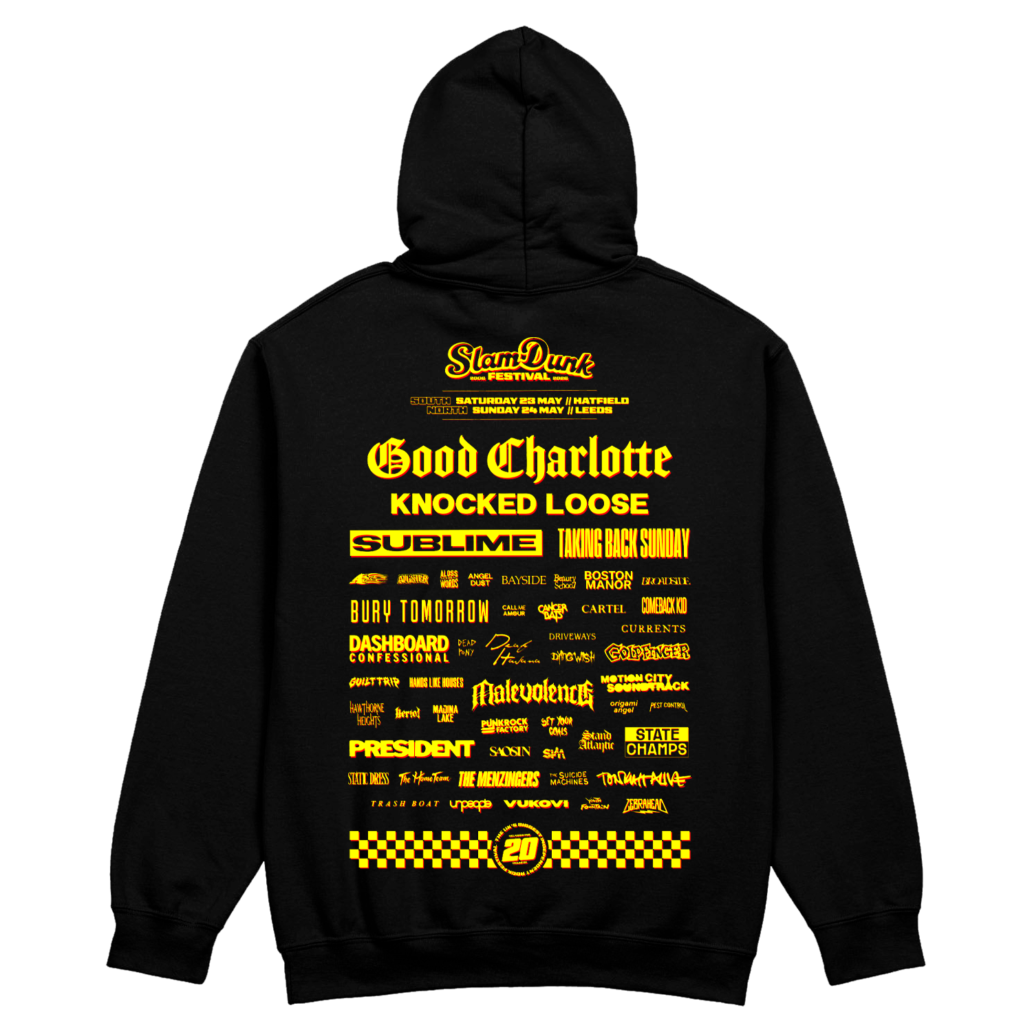 Black hoodie featuring a bold yellow sdf26 lineup graphic with band names and event details on the back side