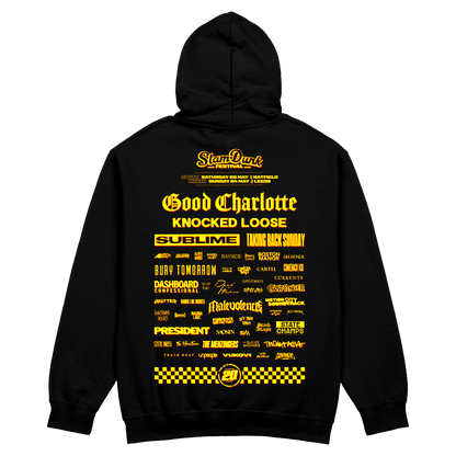 Black hoodie featuring a bold yellow sdf26 lineup graphic with band names and event details on the back side