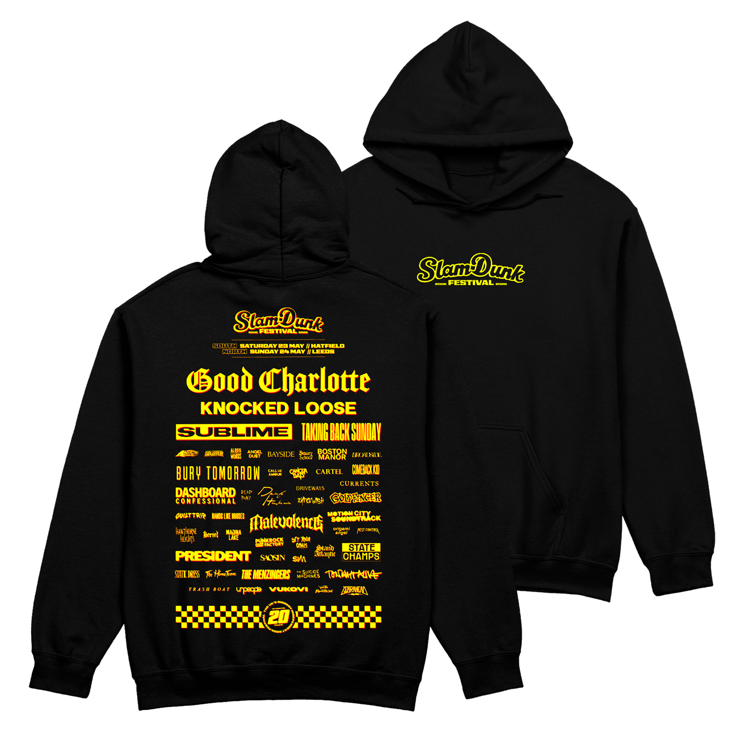 Black sdf26 lineup hoodie featuring a vibrant yellow slam dunk festival lineup graphic with band names and event details