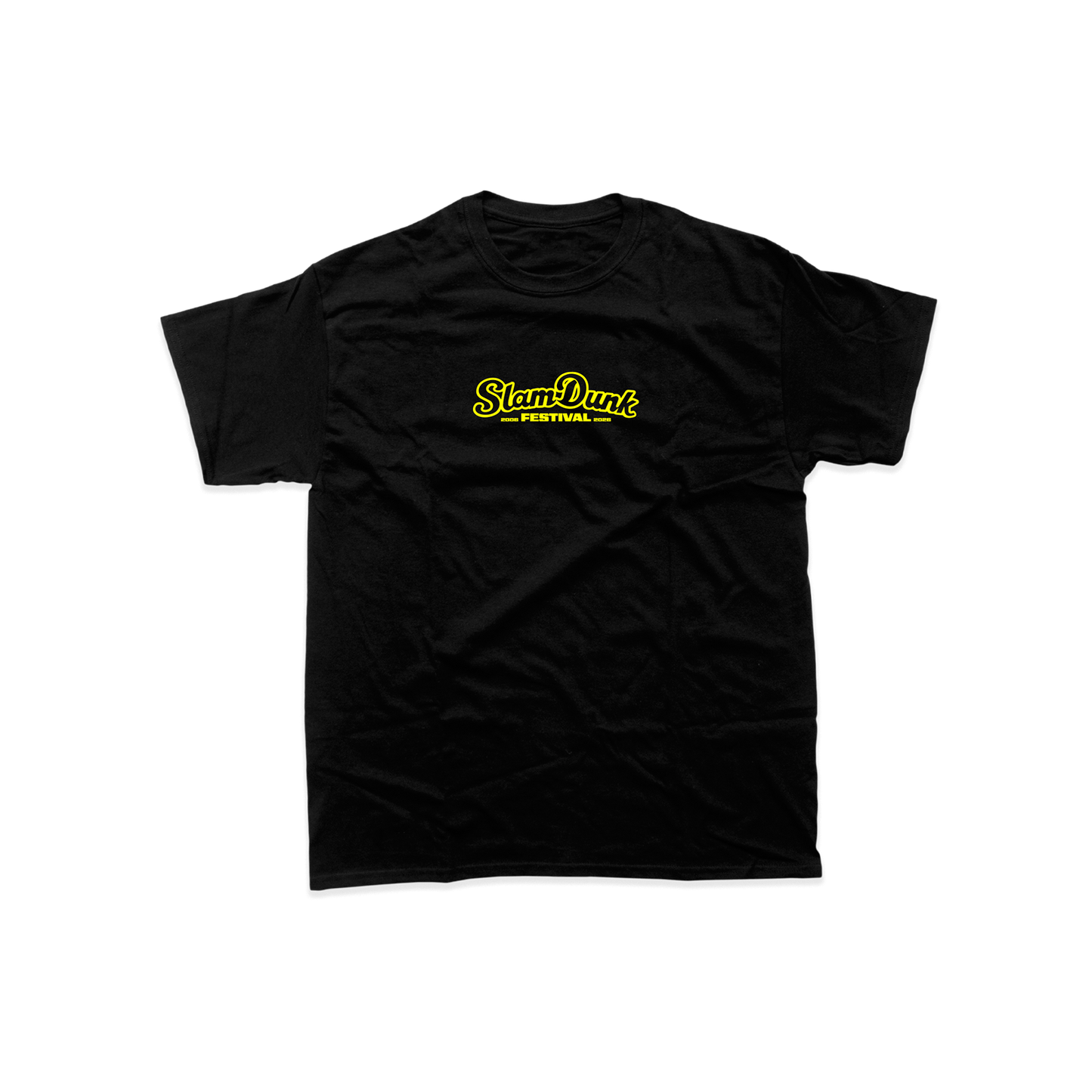 Black cotton sdf26 lineup kids t-shirt with bold yellow slam dunk festival logo on the chest